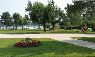 A beautiful park with lots of greenery and some trees. In the background, there are people by the water and there are colorful flower beds.