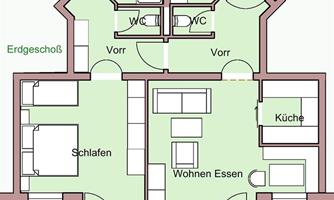 Floor plan of a holiday apartment with 67 m² of living space and an 18 m² terrace. The rooms include a bedroom, living-dining area, kitchen, bathroom, and hallway.