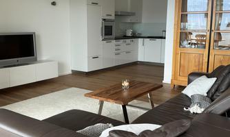 A modern living room with a cozy sofa and a wooden table. The open kitchen is well-equipped, and the space feels bright and inviting.
