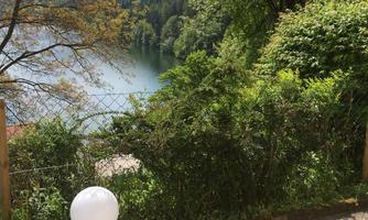 A serene lake surrounded by lush greenery and trees. In the foreground, there is a white balloon on the ground.