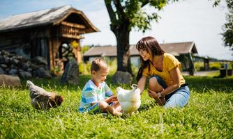A woman is sitting in the grass with a boy and interacting with a duck. In the background, there is a chicken coop and green trees visible.