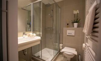 A modern bathroom with a glass shower and a small sink. The appearance is bright and well-organized, with decorative plants.