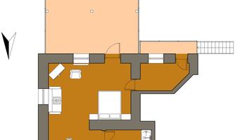 A floor plan drawing of a house with various rooms. The areas are clearly outlined and the furniture is represented schematically.