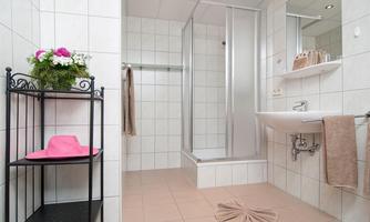 A modern bathroom with a shower cubicle and a sink. On a shelf, there is a flower and a pink hat.