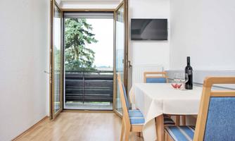 A bright dining area with a table and chairs. The balcony door is open and offers a view of a green tree.