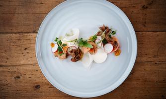 An elegant plate with various ingredients, including salmon, radishes, and herbs. The arrangement is creative and appealing.