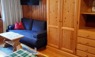 A cozy bedroom with wooden walls and a large wardrobe. The room includes a sofa, a table, and offers a relaxed atmosphere.