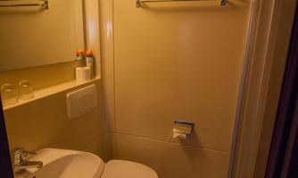 A small bathroom with a toilet and a sink. The walls are light, and there is a mirror as well as some hygiene products.