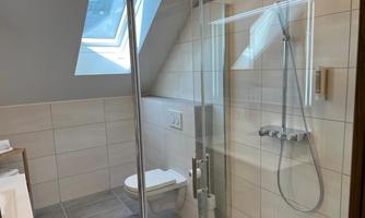A modern bathroom with a shower and a toilet. Large windows provide plenty of light.