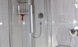 A modern bathroom with a shower cabin and a toilet. The walls are tiled and there is a small carpet on the floor.