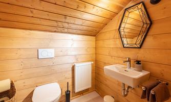 A modern bathroom with wood paneling. It is equipped with a sink, a toilet, and a decorative mirror.