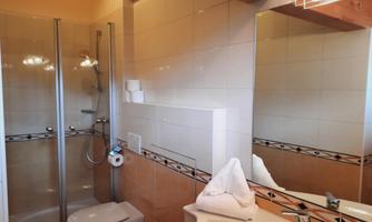 A modern bathroom with a shower and a sink. The walls are tiled in light colors and there are large mirrors.