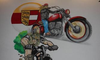 A mural depicts a biker on a motorcycle and a cyclist. There is also a flag in the background that is integrated into the scene.