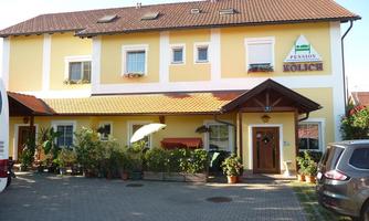 A cozy guesthouse with a yellow facade and a distinctive roof. In front of the building, there are many plants and parking spaces.