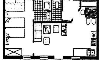 A simple floor plan drawing of a small apartment. It shows sleeping areas, a living room, a kitchen corner, and a bathroom.
