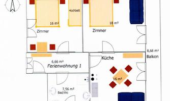 An apartment with two rooms, a kitchen, and a balcony. The layout is clearly and neatly presented.