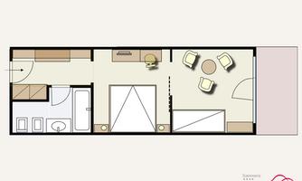 A simple floor plan of a room with a bedroom, a bathroom, and a living area. The space is designed to be functional and welcoming.