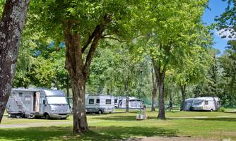 A quiet campsite with motorhomes under green trees. The meadow is well-maintained and offers plenty of space to relax.