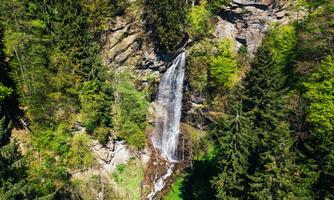 A beautiful waterfall flows through a green forest landscape. Surrounded by trees, the image showcases the beauty of nature.