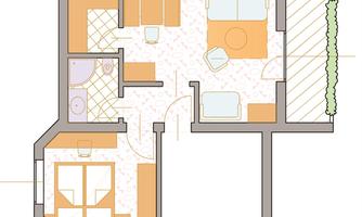 A floor plan of an apartment with various rooms. The drawing shows living, sleeping, and bathrooms as well as a balcony.