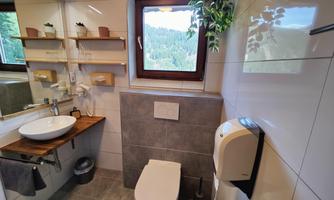 A modern bathroom with a sink, a toilet, and a large window. The room is bright and offers a beautiful view of the mountains.