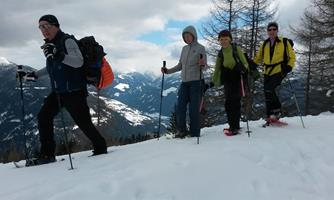 Group of people snowshoeing in the mountains. The landscape is snow-covered, overlooking the surrounding mountains.