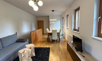 A modern living room with a gray sofa, a rug, and a wooden TV cabinet. There is a dining area with a table and chairs, as well as large windows that let in daylight.
