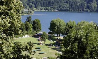 A green meadow by the shore of a clear lake, surrounded by trees. People enjoy nature and activities by the water.