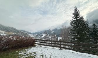 A tranquil winter landscape with snow-covered grass and a view of the mountains. Dense forests and a cloudy sky complete the picture.