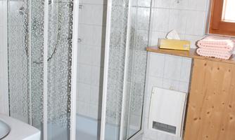 A bright bathroom with a glass shower cabin. On the shelf are towels and there is a small rug on the floor.