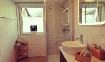 A modern bathroom with a shower and a large sink. Bright tiles and windows create a friendly atmosphere.