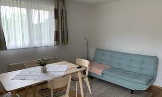 A modern living room with a blue sofa bed and a dining table. Large windows provide bright light and a friendly atmosphere.