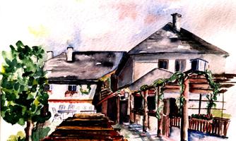 A picturesque house with a green area and a wooden balcony. The scene is characterized by a calm, rural ambiance.