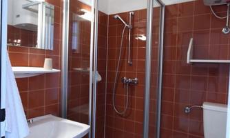 A modern bathroom with a shower, a sink, and a toilet. The walls are tiled in a warm shade of red.