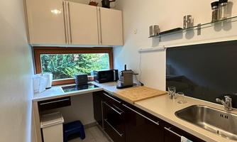 A modern kitchen with a wooden table, sink, and a view of the greenery through the window. It is well-equipped and offers plenty of storage space.