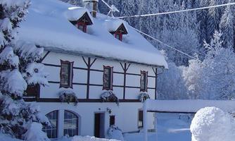 A charming house in winter with a snow-covered roof and snowy surroundings. In the background, tall, snow-covered trees stand.