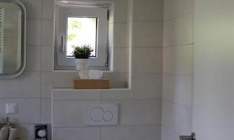 A modern bathroom with white tiles and a large mirror. The toilet and a small window with plants are visible.
