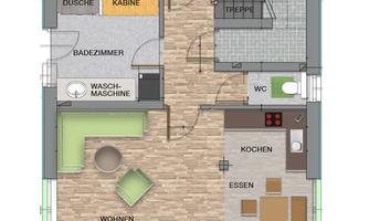 A floor plan representation of a ground floor with several rooms. There is a living room, a kitchen, a bathroom, as well as a terrace and a storage room.