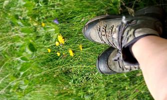A pair of hiking boots stands in the tall grass. Yellow and purple flowers are blooming in it.
