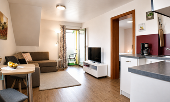 A modern living room with a cozy couch and television and a small kitchen.  
There is a dining area and access to a balcony with plenty of natural light.