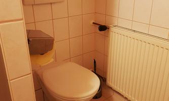 A small bathroom with a white toilet. The walls are tiled, and there is a radiator in the room.