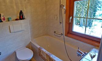 A modern bathroom with a bathtub and a shower. A window offers a view of a natural environment.