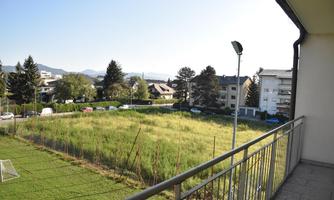 A view from a balcony over an unused meadow with tall grass. In the background, some residential houses and trees can be seen.