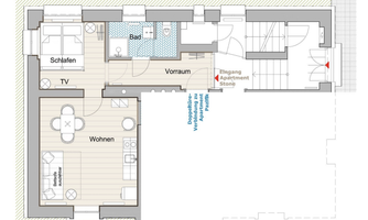A floor plan drawing of an apartment with various rooms. The areas include a bedroom, a living room, a bathroom, and an entrance.