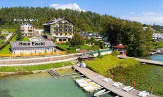 A picturesque landscape with two buildings by the water, labeled as House Karoline and House Ewald. The dock is equipped with boats and is surrounded by a green environment.