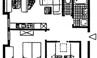 A floor plan of an apartment with two bedrooms, a bathroom, and an open living area. The kitchen is separately arranged and well-equipped.