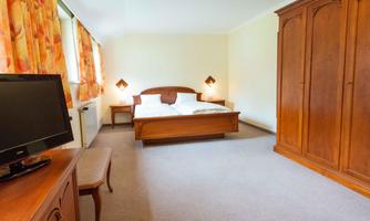 A simple, bright bedroom with a double bed and wooden furniture. There is a television and a wardrobe, as well as large windows with opaque curtains.