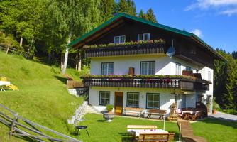 A chalet-like house surrounded by green meadows and trees. The balconies are adorned with flowers, and there are cozy seating areas outdoors.