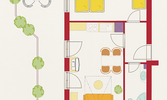 A simply designed floor plan of an apartment with two bedrooms, a living area, and a kitchen. The apartment features a dining area and a cozy seating corner.