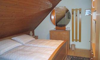 A cozy bedroom with a double bed and wooden ceiling. There is a mirror and a desk, as well as a wardrobe on the wall.